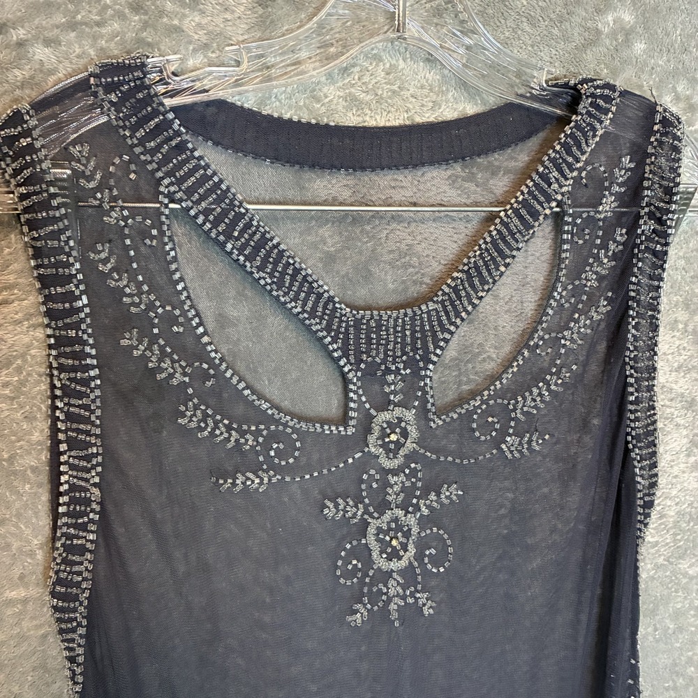 Womens Beaded Sheer Overlay Tunic Mini Dress S* Flapper Gatsby Art Deco Jazzy